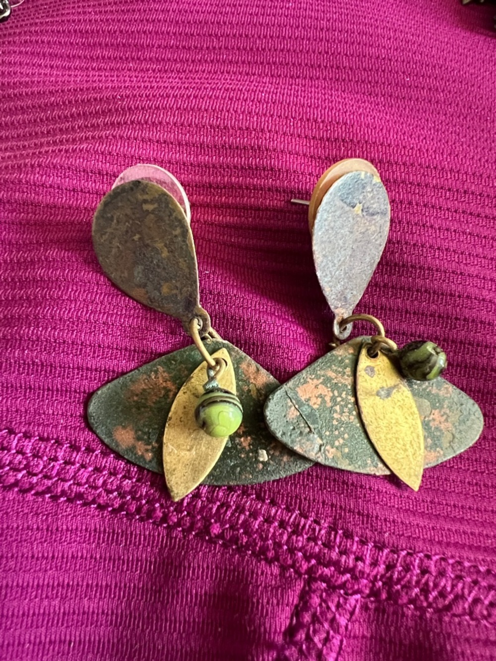 Vintage Green and Gold Leaf Drop Earrings — Women Jewelry